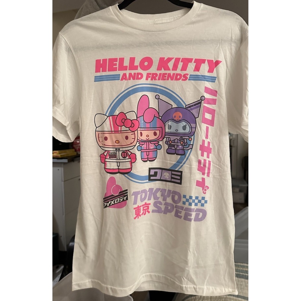 Hello Kitty Tokyo Speed Graphic White Cotton unisex  T-Shirt  My Melody Kuromi